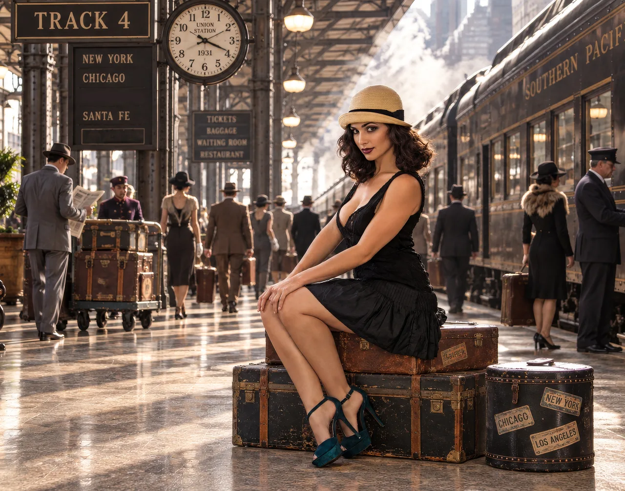 Portrait of a woman in a hat seated beside vintage luggage in a sunlit railway station.