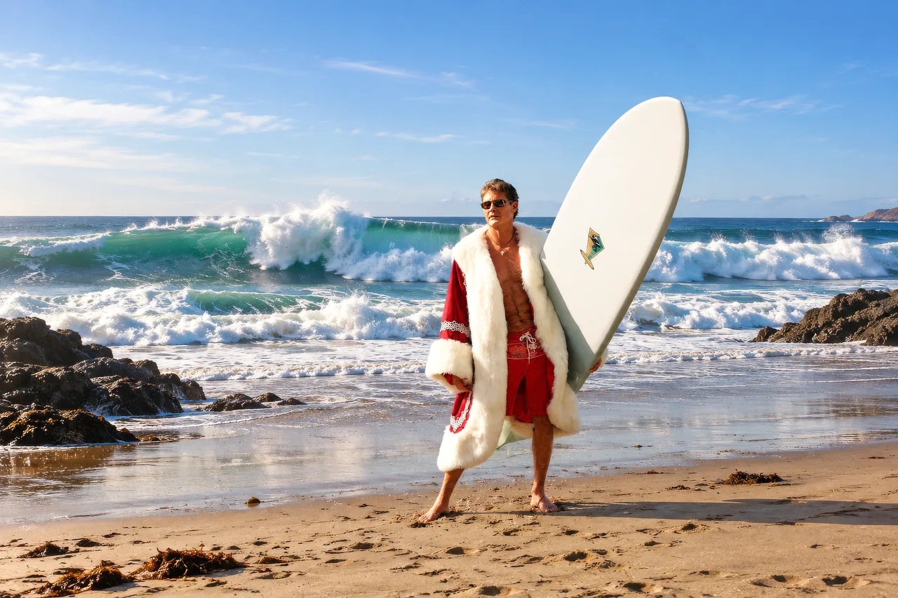 Surfer holding a white surfboard on a sunlit beach beside breaking waves.