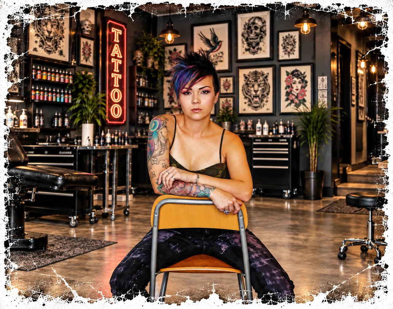 Woman with short dark hair seated in a tattoo studio, surrounded by framed art, with a textured border.