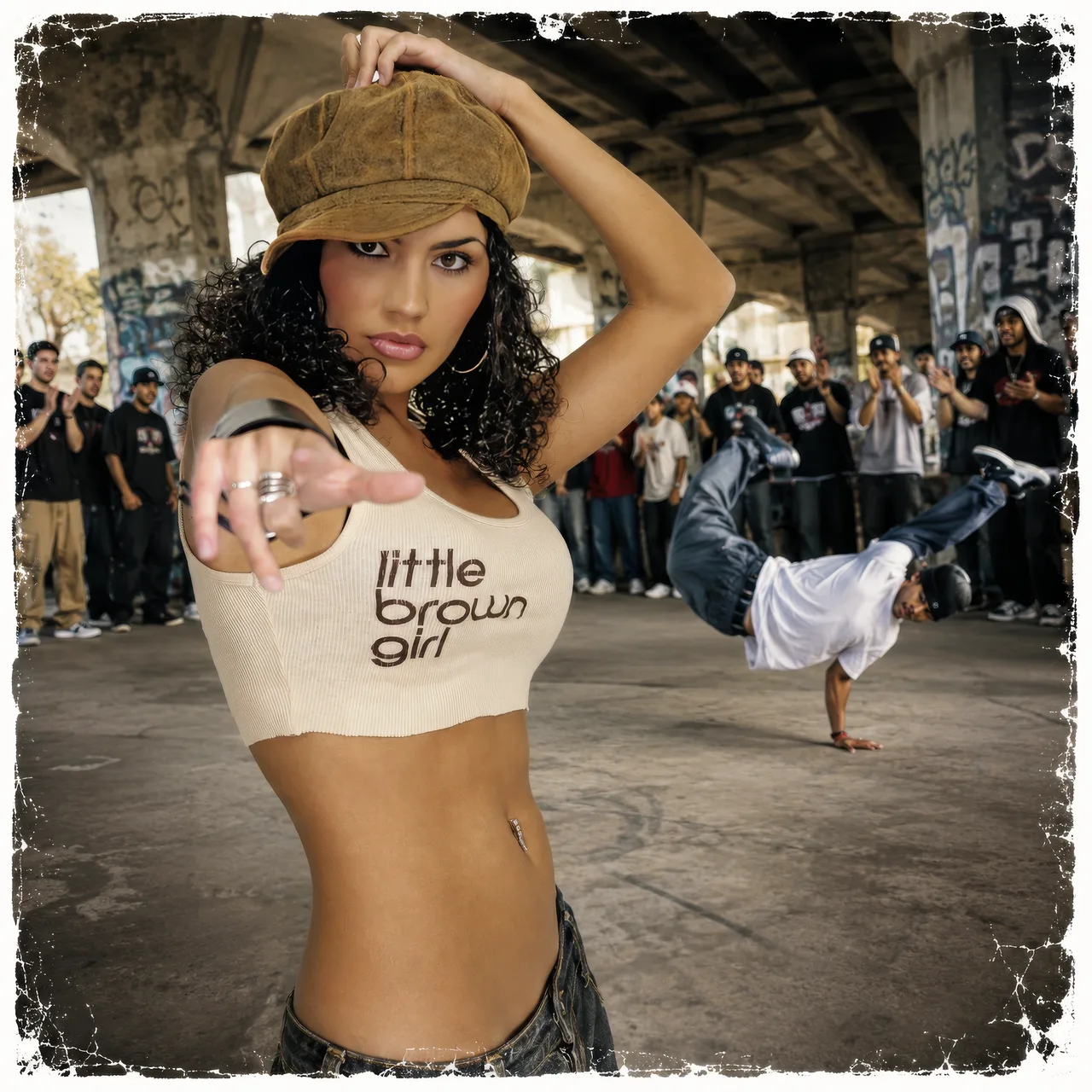 Woman in a cap leaning toward the camera in a gritty industrial setting, with a textured border.