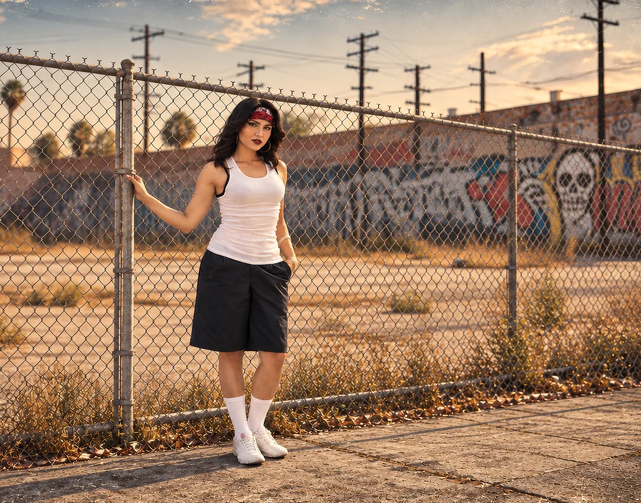 Woman in a white tank top and dark trousers standing beside a chain-link fence in warm evening light.