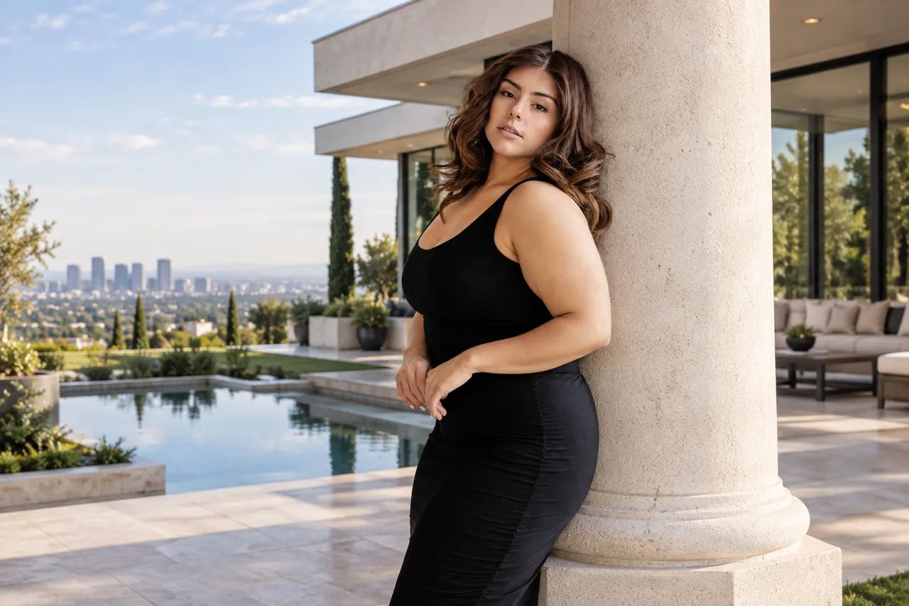 Woman in a black dress beside a concrete column with a distant city skyline behind her.